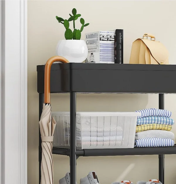Estante zapatero multiusos negro con cactus, paraguas, libros, bolso y ropa organizada.