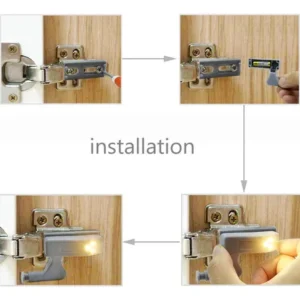 Luz LED para bisagra de closet, fácil instalación, ilumina interior al abrir puerta.