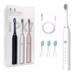 Cepillo dental eléctrico sónico recargable X-3 blanco, negro, rosa con 3 cabezales y cable USB.