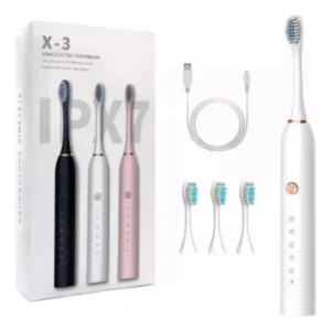 Cepillo dental eléctrico sónico recargable X-3 blanco, negro, rosa con 3 cabezales y cable USB.