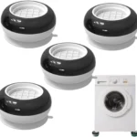 Soportes antivibración negros y blancos para lavadora, reducen ruido y movimiento.