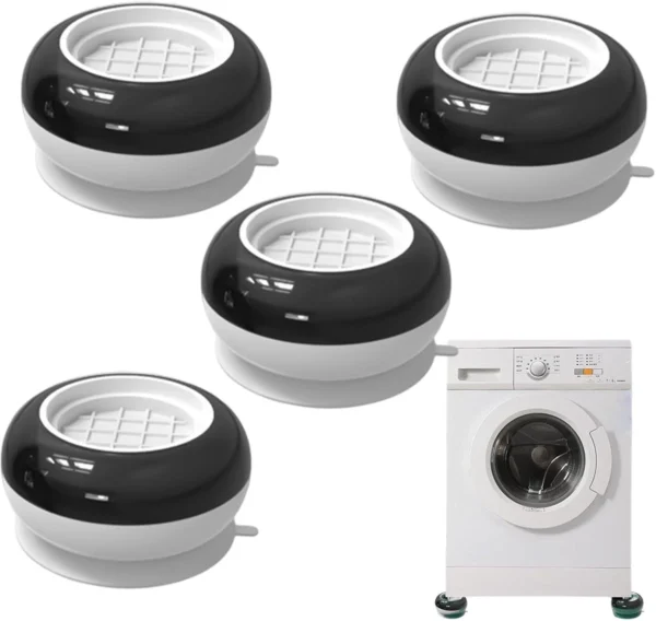 Soportes antivibración negros y blancos para lavadora, reducen ruido y movimiento.