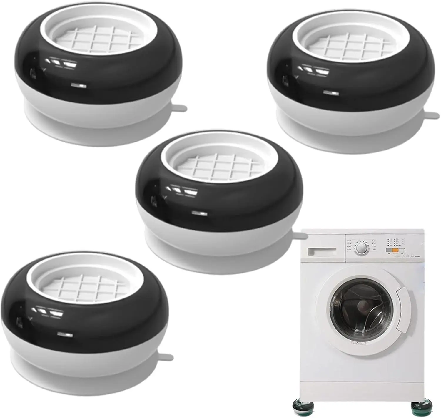 Soportes antivibración negros y blancos para lavadora, reducen ruido y movimiento.