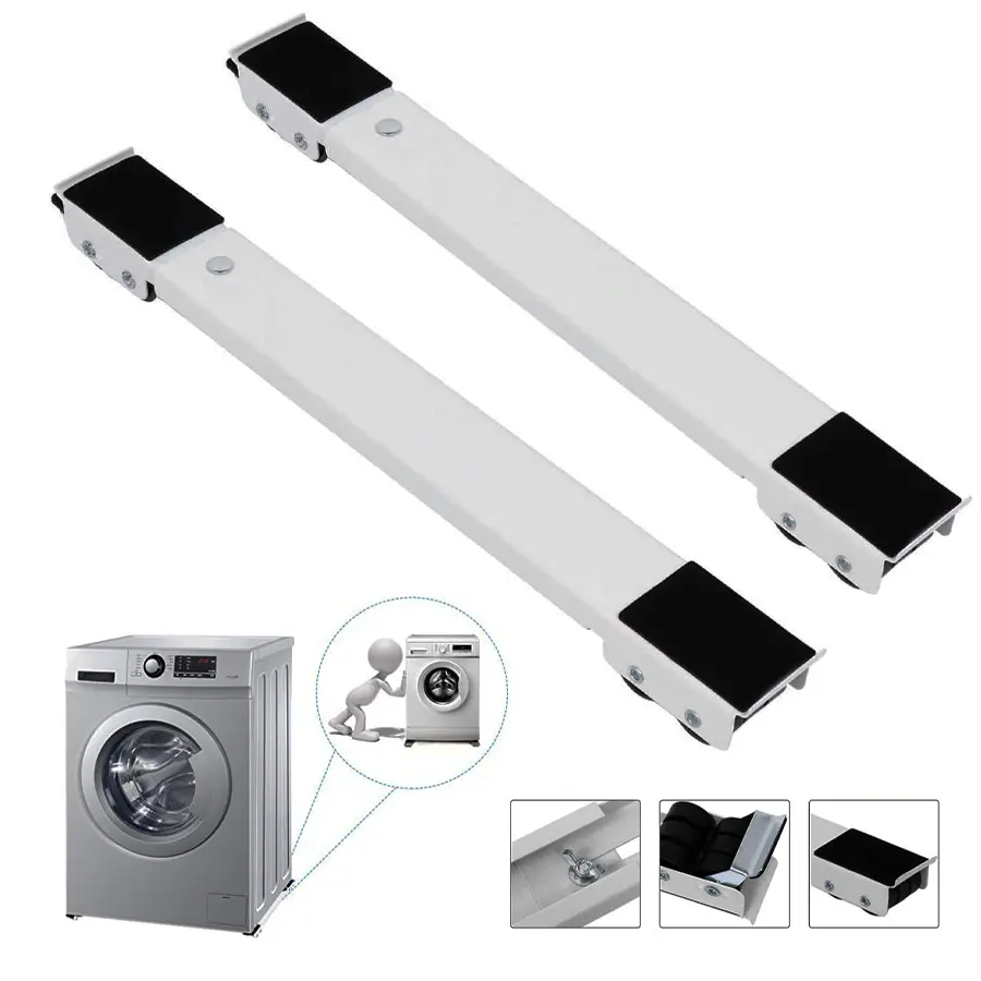 Base ajustable para lavadora/nevera/mueble con ruedas, fácil movilidad.