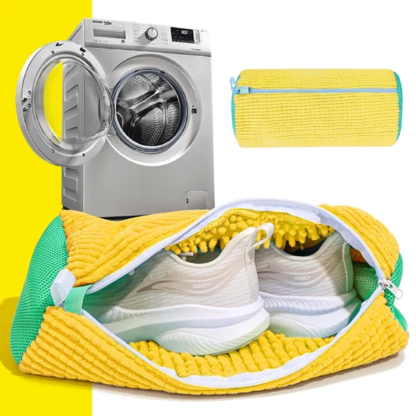 Bolsa de microfibra amarilla para lavado de zapatos, con cremallera y malla verde.
