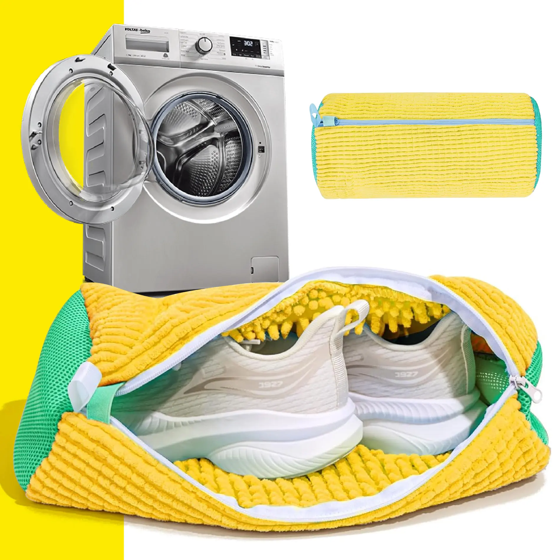 Bolsa de microfibra amarilla para lavado de zapatos, con cremallera y malla verde.