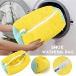 Bolsa de microfibra amarilla para lavar zapatos en lavadora, con cremallera y malla.