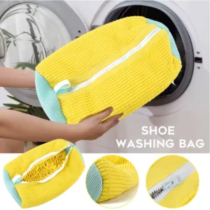 Bolsa de microfibra amarilla para lavar zapatos en lavadora, con cremallera y malla.