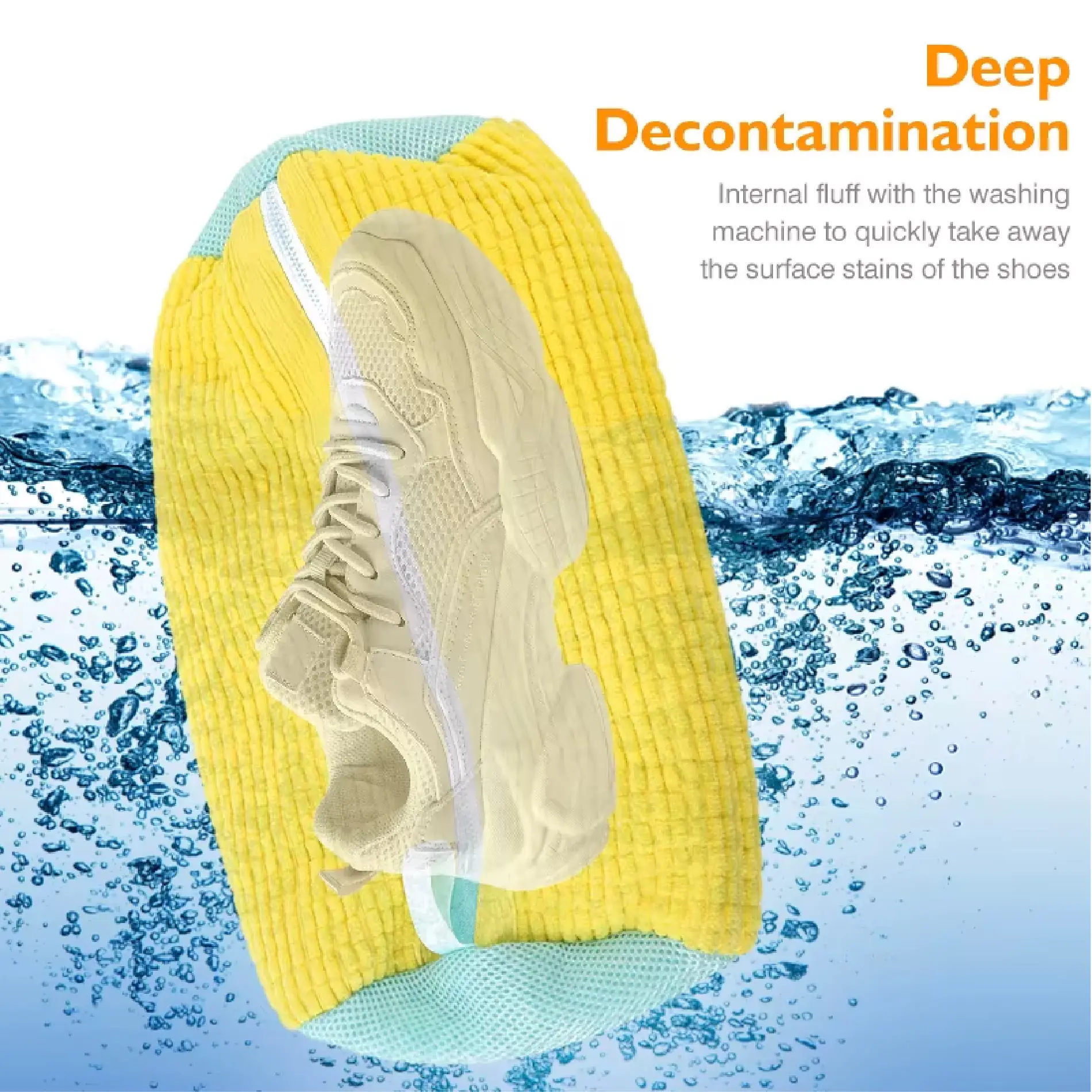 Bolsa de microfibra amarilla para lavado de zapatos en lavadora, ideal para quitar manchas.