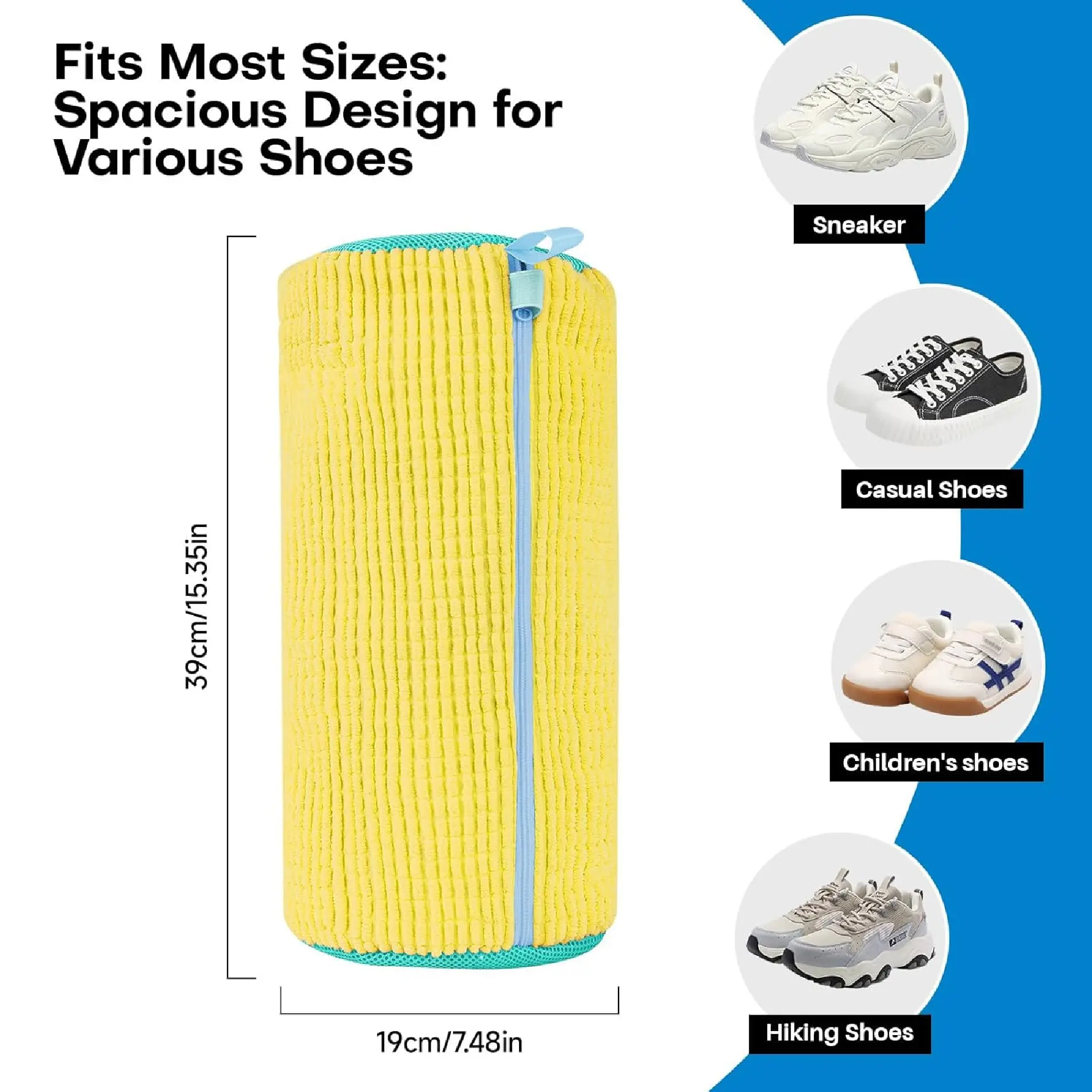 Bolsa funda de lavado para zapatillas, zapatos casuales, infantiles y de senderismo, 39x19 cm.