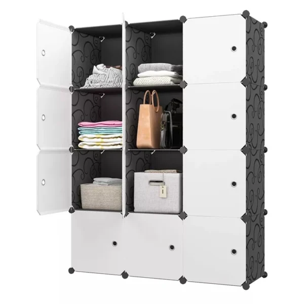 Armario organizador perchero 3 cuerpos con compartimentos abiertos y cerrados, ideal para ropa y accesorios.