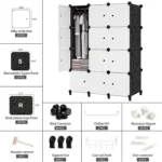Armario organizador perchero 3 cuerpos con puertas blancas y paneles con diseño, incluye accesorios.