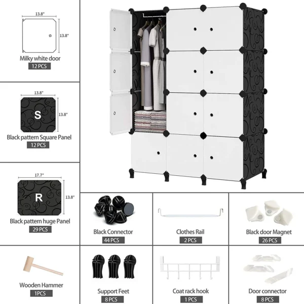 Armario organizador perchero 3 cuerpos con puertas blancas y paneles con diseño, incluye accesorios.