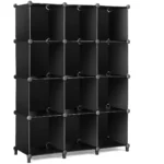 Armario organizador negro de 3 cuerpos, perchero modular de almacenamiento con 12 cubos.