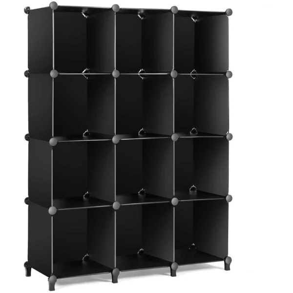 Armario organizador negro de 3 cuerpos, perchero modular de almacenamiento con 12 cubos.