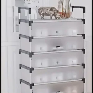 Zapatera de 6 niveles con tapa y divisores, ideal para organizar zapatos.