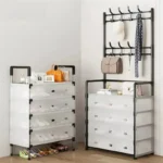 Estante organizador de zapatos con cajones y perchero, ideal para entrada del hogar.