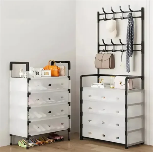 Estante organizador de zapatos con cajones y perchero, ideal para entrada del hogar.