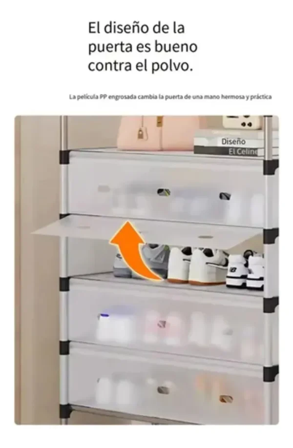Estante organizador de zapatos con cajones transparentes y diseño que protege del polvo.