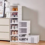 Zapatero organizador 6 en 1 con cajas apilables transparentes y estuches de almacenamiento.