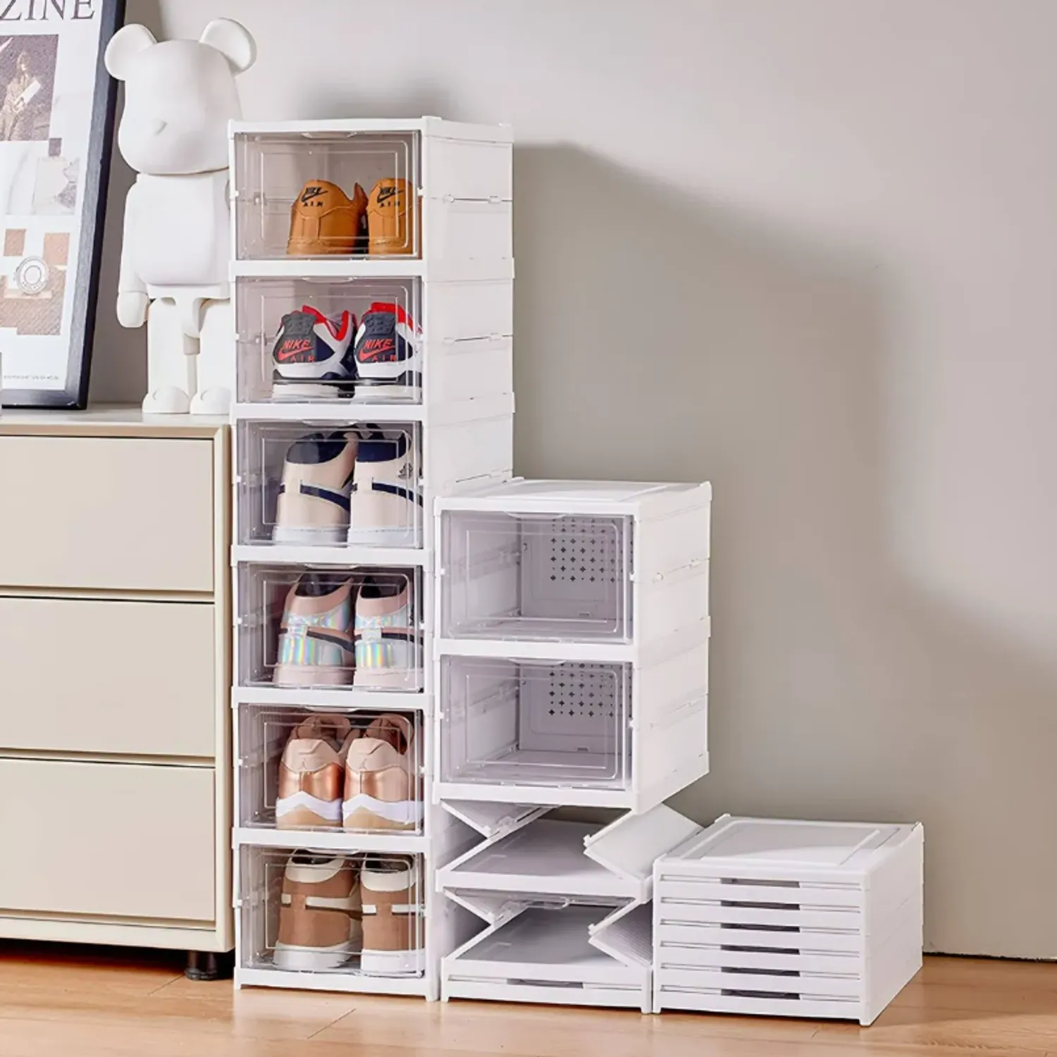 Zapatero organizador 6 en 1 con cajas apilables transparentes y estuches de almacenamiento.
