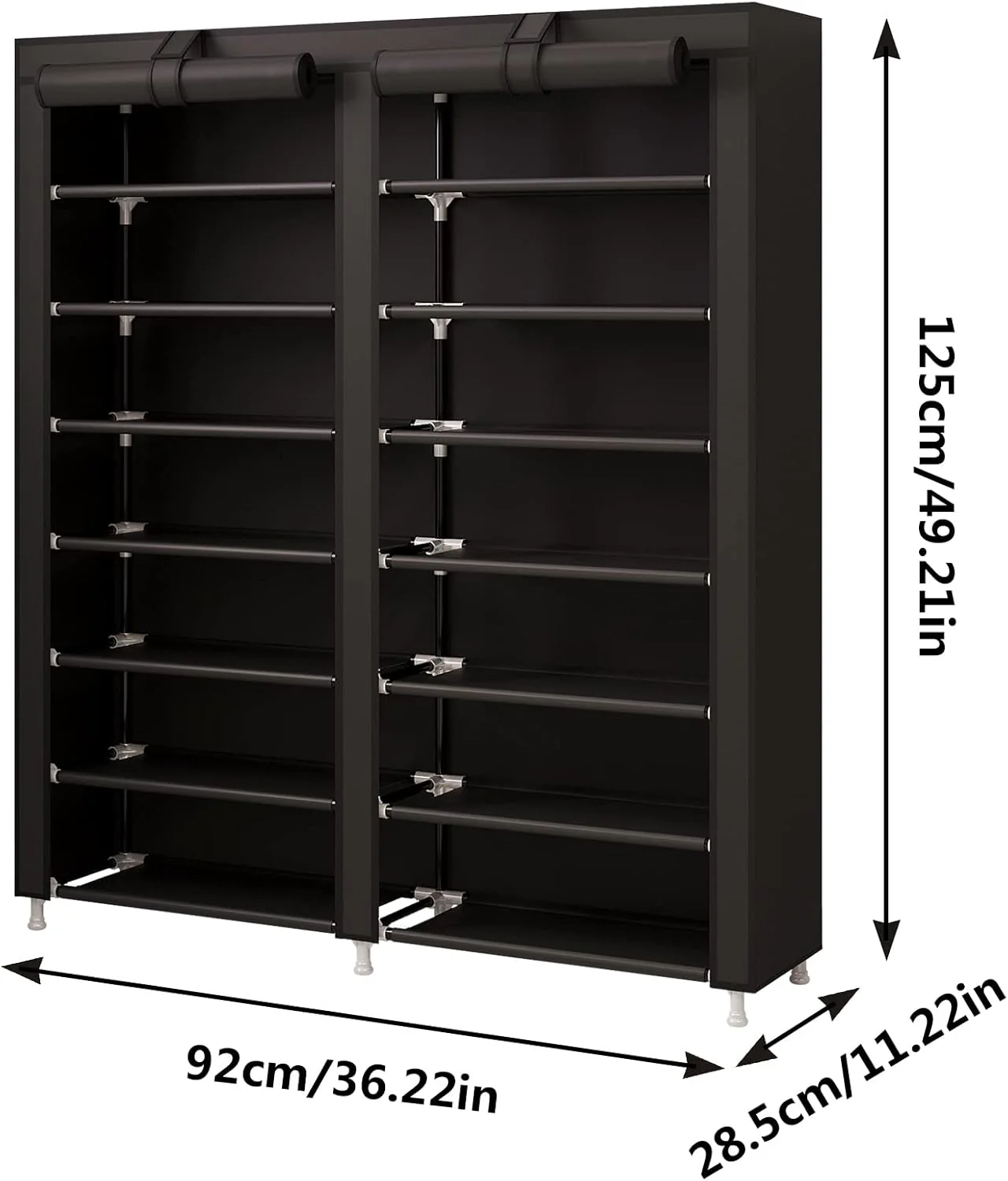 Organizador de zapatos cubierto negro de 2 módulos, 10 niveles, 92cm ancho.