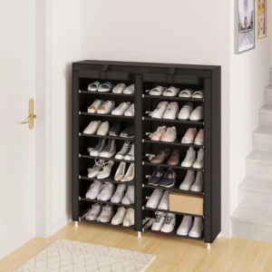 Organizador de zapatos cubierto, 2 módulos, con variedad de calzado deportivo y casual en cada nivel.