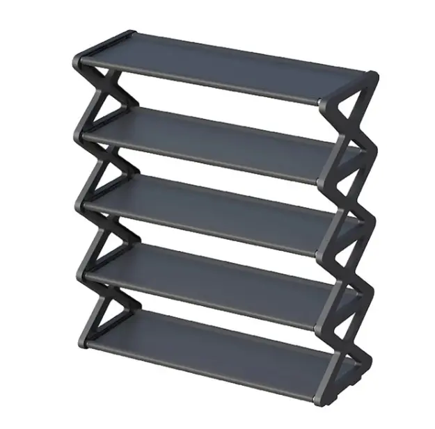 Zapatero organizador de 5 niveles en color gris oscuro con estructura lateral en zigzag tipo X.