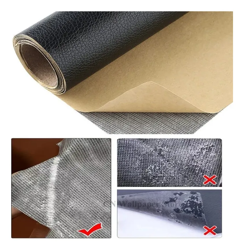 Rollo de cuero negro autoadhesivo para reparaciones, mostrando textura y adhesivo.