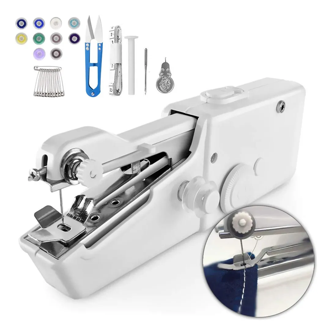Máquina de coser manual blanca con accesorios, ideal para arreglos rápidos en tela.