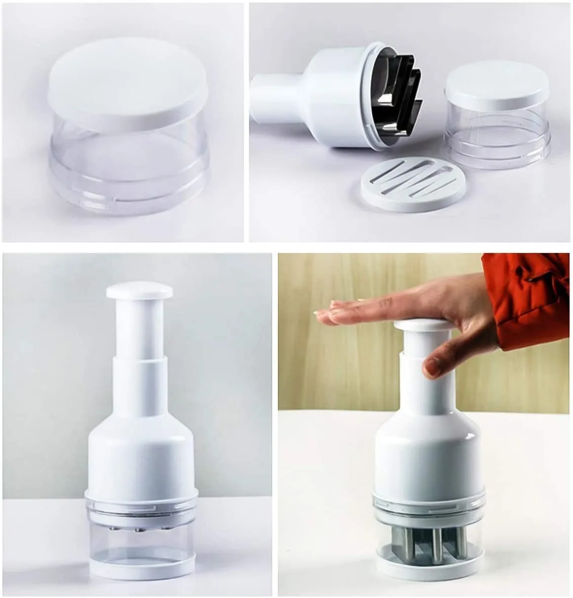 Picador de verduras Press Choper blanco con cuchillas, fácil de usar con la mano.