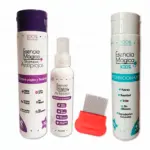 Kit antipiojos Esencia Mágica con shampoo morado, acondicionador azul para niños, spray repelente y peine rojo con cerdas grises.