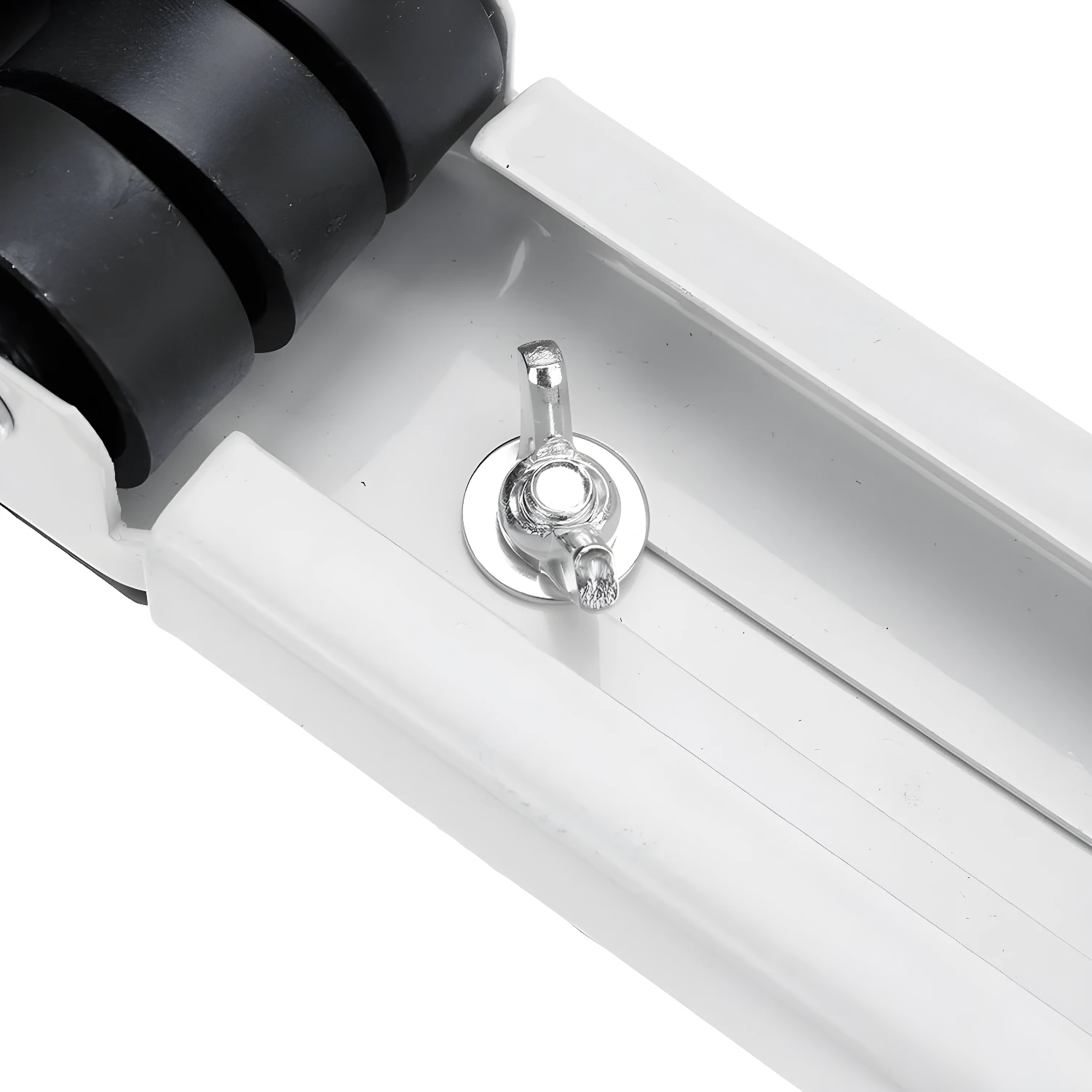 Base soporte blanco para lavadoras o neveras con rueda y tornillo de ajuste.