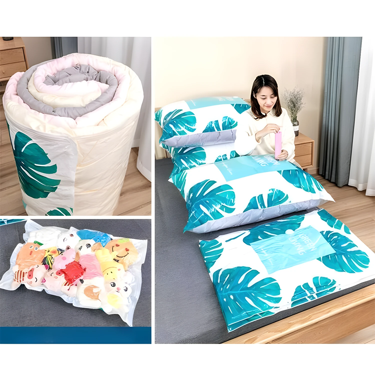 Set x2 bolsas de compresión para cobijas 100x80cm, guardado de ropa y almacenamiento al vacío.