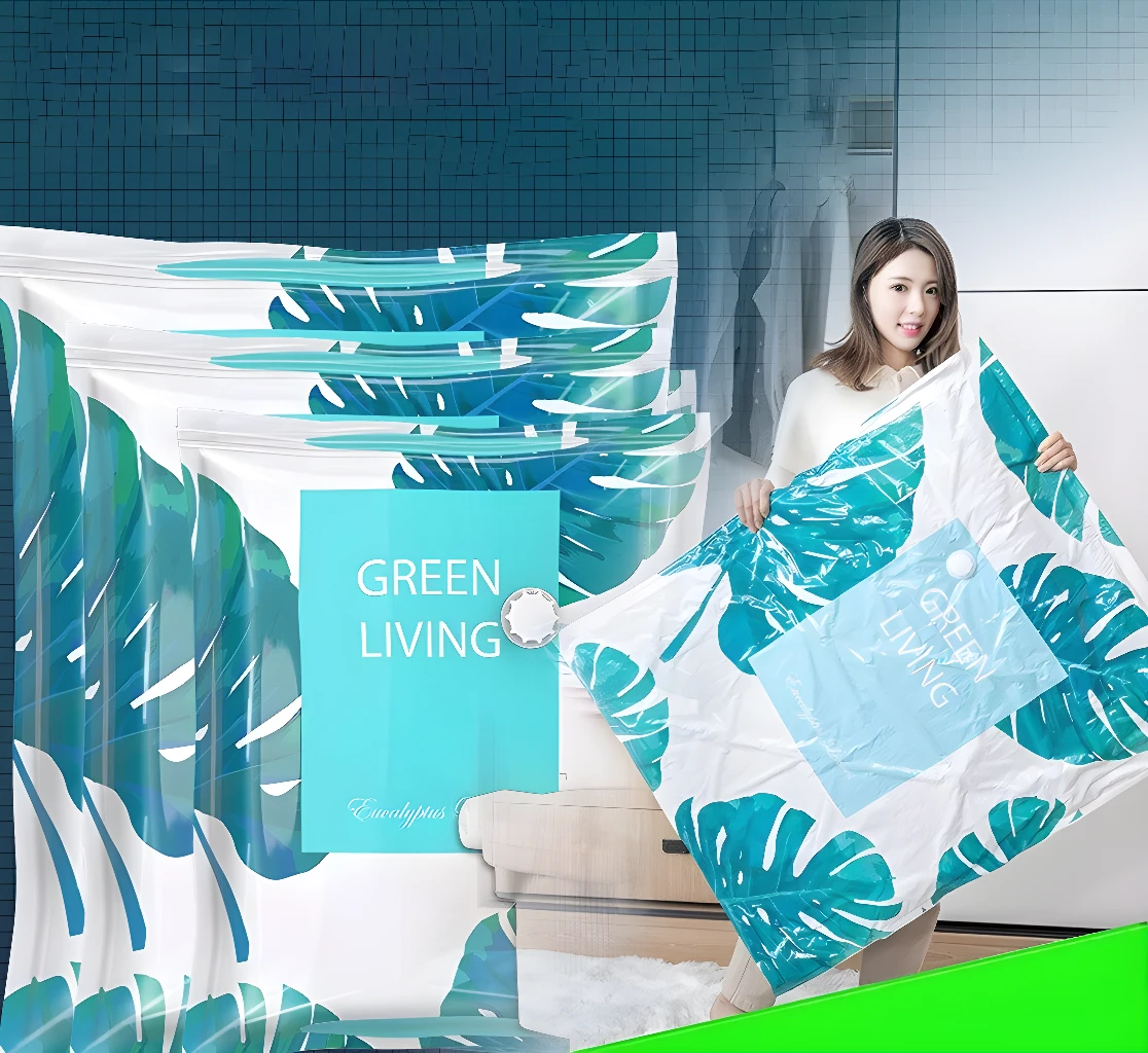 Set x2 bolsas compresión cobijas 100x80, diseño hojas verdes, para ahorro de espacio.