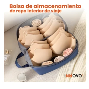 Bolso organizador de ropa interior de viaje azul con copas beige apiladas y accesorios enrollados.