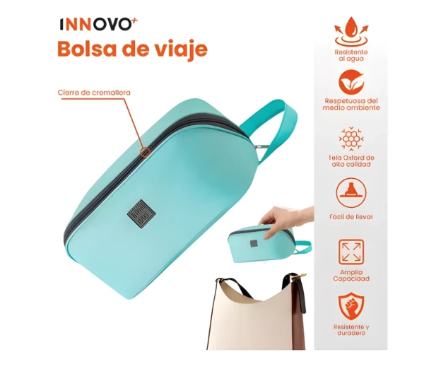 Bolso organizador de viaje INNOVO+ azul con cremallera de cromo, ideal para ropa interior.