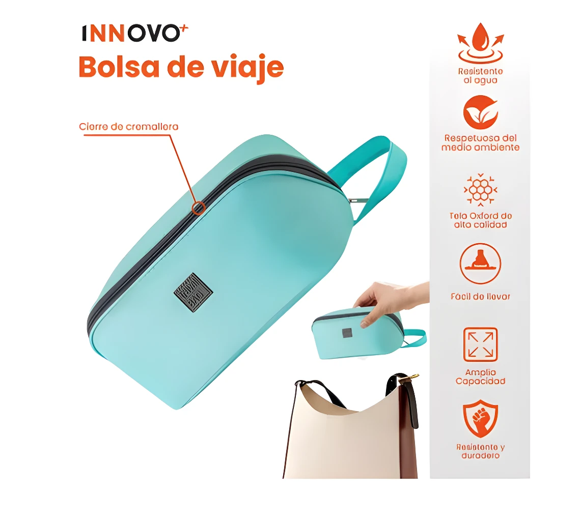 Bolso organizador de viaje INNOVO+ azul con cremallera de cromo, ideal para ropa interior.