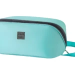 Bolso organizador de ropa interior para viaje, color turquesa con cremallera negra y asa.
