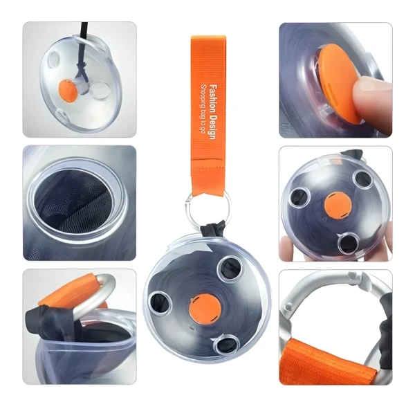 Bolso retractil para compras negro con dispensador naranja, compacto y portátil.