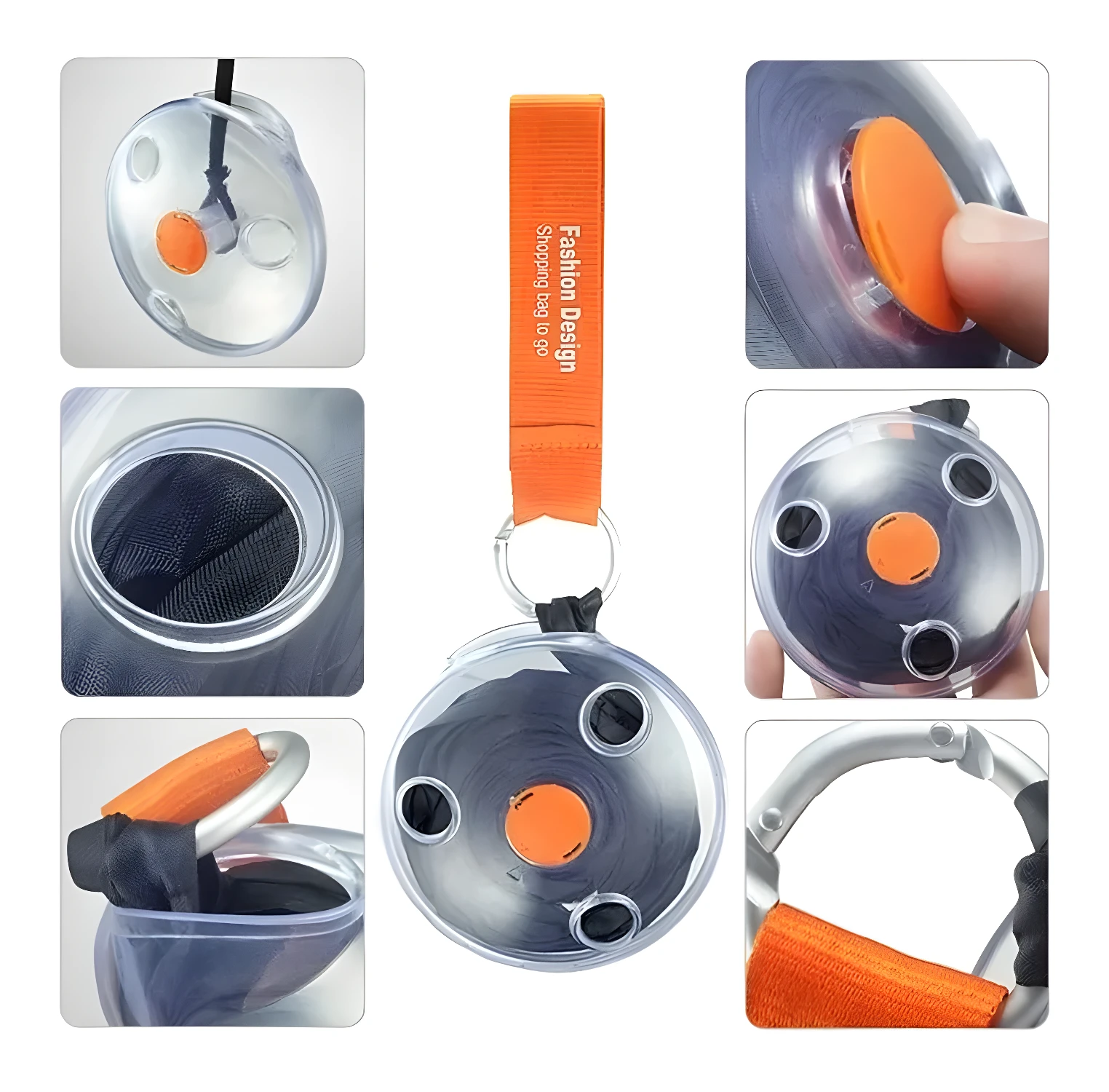 Bolso retractil para compras negro con dispensador naranja, compacto y portátil.