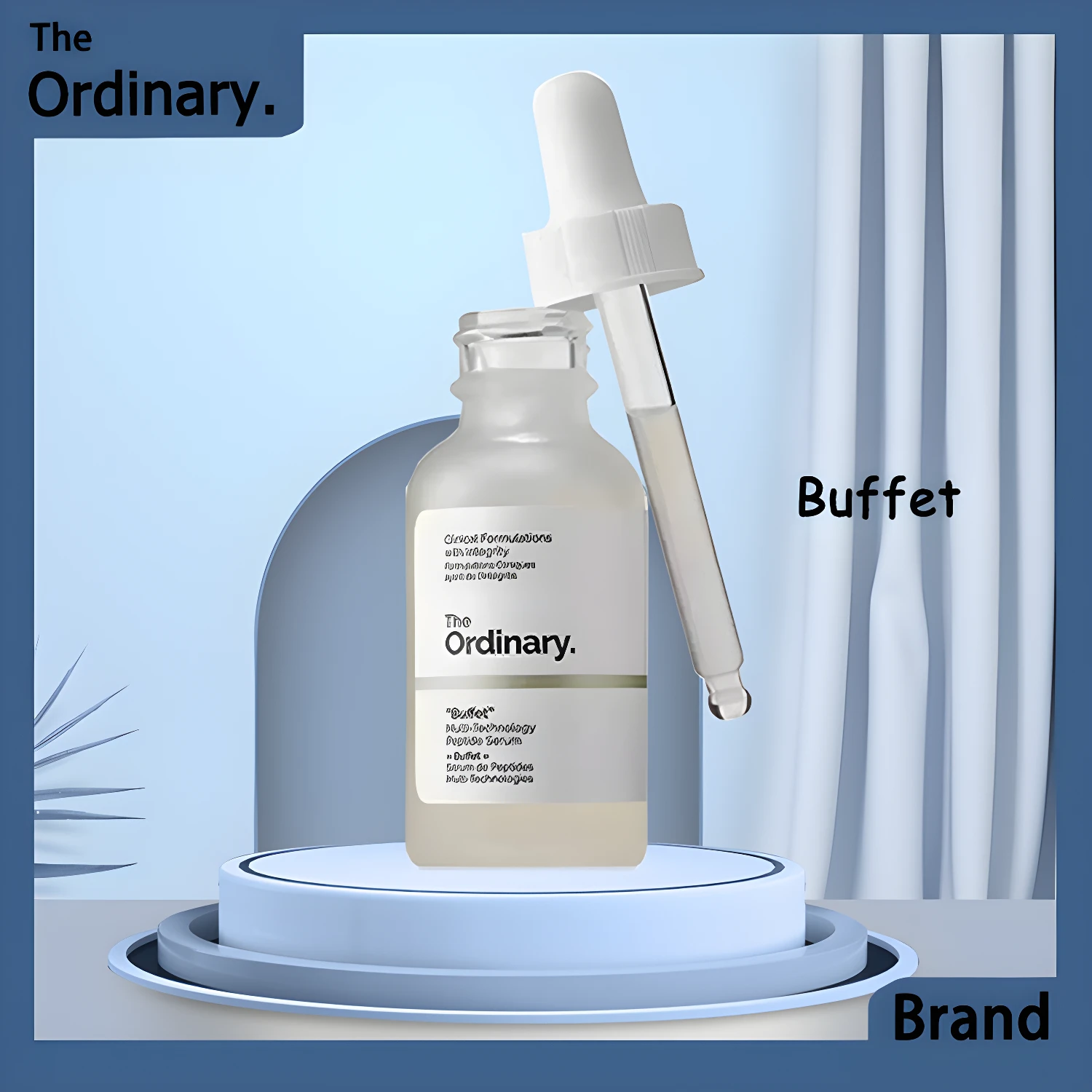 Suero Buffet Ordinary 60ml de ácido hialurónico y péptidos, en frasco de vidrio con gotero, sobre pedestal.