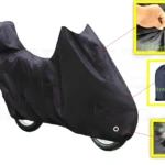 Carpa Pijama para moto negra con maletero, tela nylon, incluye bolsa de transporte y argolla metálica.
