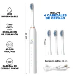 Cepillo dental eléctrico recargable blanco, con 4 cabezales, IPX7 impermeable y cable de 31 cm.