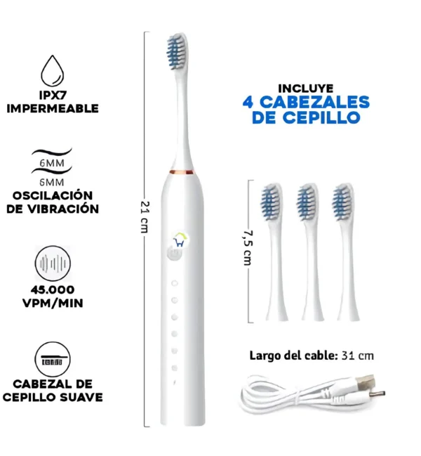 Cepillo dental eléctrico recargable blanco, con 4 cabezales, IPX7 impermeable y cable de 31 cm.
