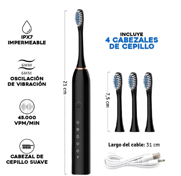 Cepillo dental eléctrico recargable con 4 cabezales, IPX7 impermeable, 45.000 VPM.