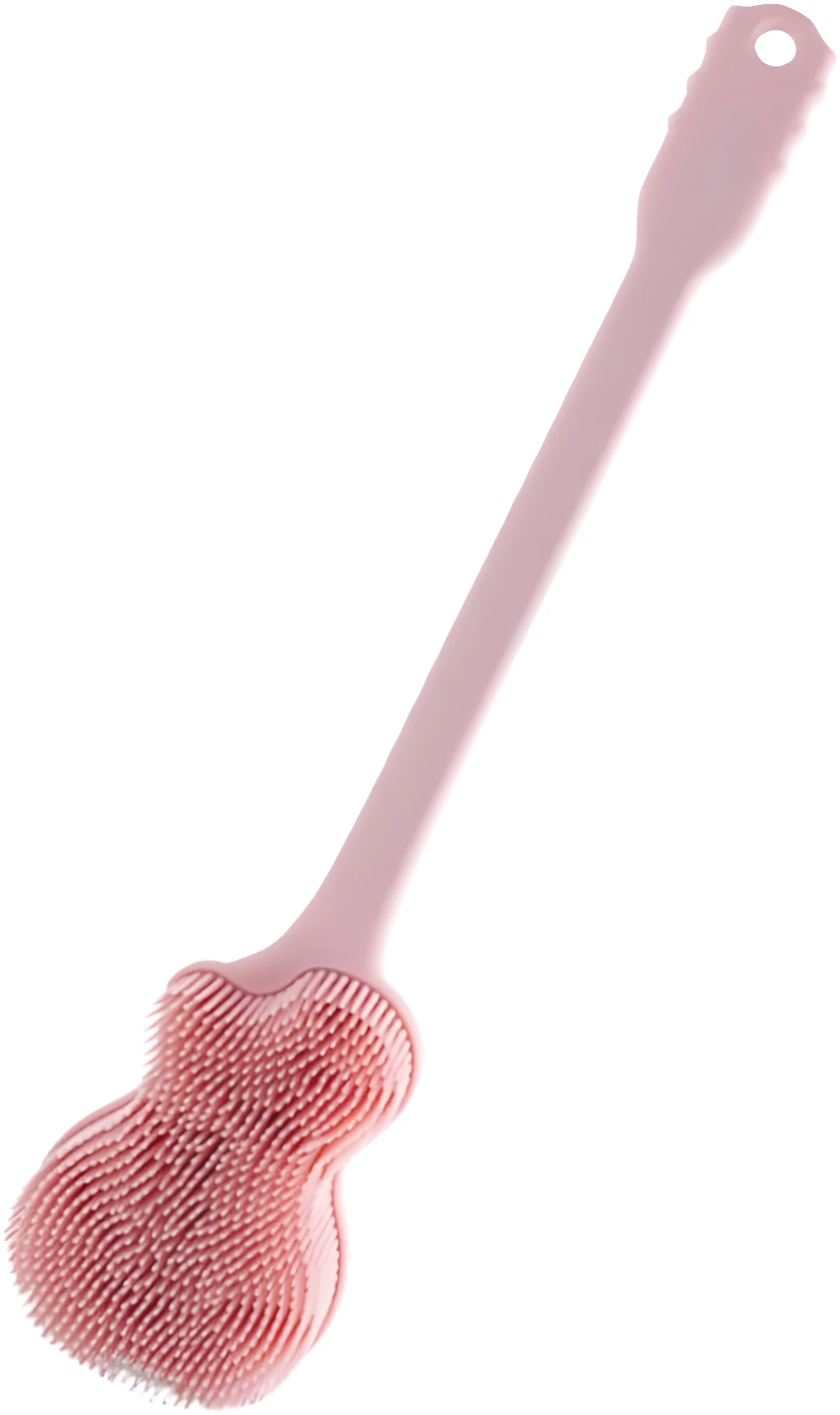 Cepillo para el cuerpo de ducha de silicona rosa con mango largo, diseño ergonómico.