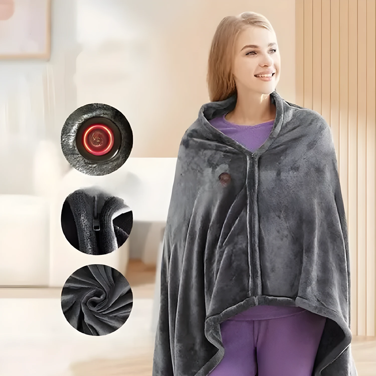 Cobija térmica Manta Eléctrica gris, suave y con detalles visibles de cierre y calefacción.