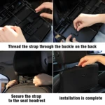 Comedero para asiento de carro se asegura al reposacabezas, con instrucciones de instalación.