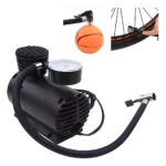 Compresor de aire 197 para vehículo inflando un balón de baloncesto y una rueda de bicicleta.